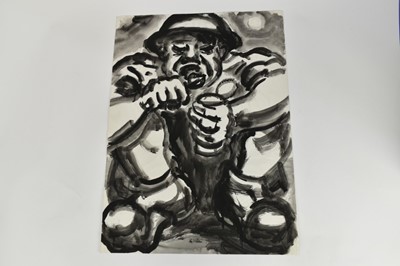 Lot 1163 - *Colin Moss (1914-2005) pen and watercolour  - Two men at camp, signed and dated ‘46, 40.5cm x 50.5cm, together with four other works by the same hand