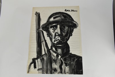 Lot 1163 - *Colin Moss (1914-2005) pen and watercolour  - Two men at camp, signed and dated ‘46, 40.5cm x 50.5cm, together with four other works by the same hand