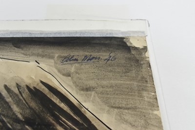 Lot 1163 - *Colin Moss (1914-2005) pen and watercolour  - Two men at camp, signed and dated ‘46, 40.5cm x 50.5cm, together with four other works by the same hand