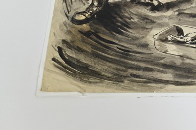 Lot 1163 - *Colin Moss (1914-2005) pen and watercolour  - Two men at camp, signed and dated ‘46, 40.5cm x 50.5cm, together with four other works by the same hand