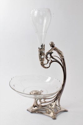 Lot 214 - Late 19th century Art Nouveau WMF silver plated table centre with cut glass trumpet vase and cut glass bowl below, female figure mount and shamrock decoration 49cm high