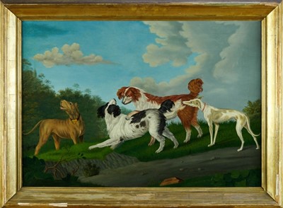 Lot 1020 - Martin, early 19th century, oil on canvas - sporting dogs in landscape, signed and dated 1821, 47cm x 67cm, in gilt frame
