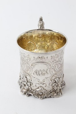 Lot 219 - Good quality Victorian silver christening mug with ornate rococo cast borders, engraved decoration and scroll handle, London 1842, 7.5cm high, approx 5 ozs