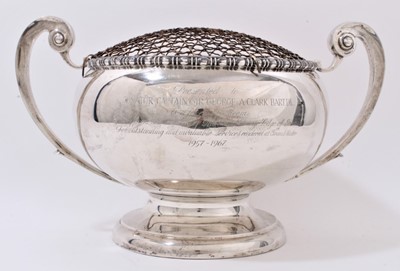 Lot 263 - 1940s silver rose bowl with twin scroll handles and pedestal base, engravedinsrption 'Presented to Senator, Captain Sir George A. Clark Bart. D.L...by members of The Grand Orange Lodge of Ireland.....