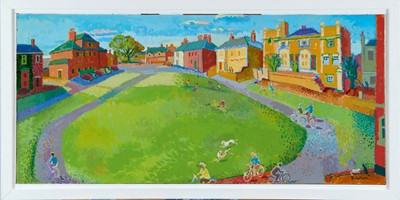 Lot 273 - Ronald Hellen (contemporary) acrylic on board, South Green, Southwold, signed, titled verso, 35cm x 76cm, framed