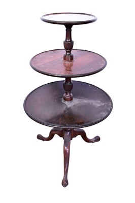 Lot 1311 - George III mahogany three tier dumb waiter, with three graduated dished tiers, on tripod cabriole legs and pointed pad feet, 112cm high