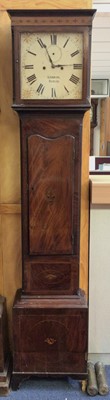 Lot 668 - George III Irish mahogany and patera inlaid longcase clock by Gaskin, Dublin, with white painted enamelled dial and twin train movement striking on a bell, 203cm high