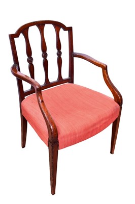 Lot 1313 - George III mahogany open armchair, in the Sheraton style, with arched vertical slat back and stuff over seat on square tapered legs