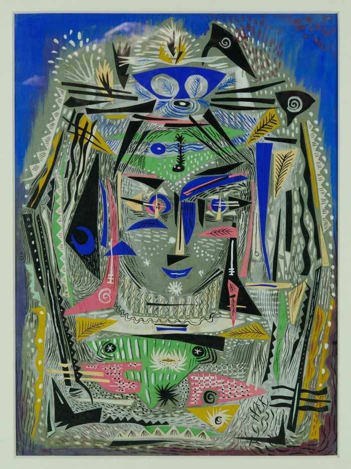 Lot 1261 - Audrey Pilkington (1922-2015) mixed media and collage, The Watcher, signed, 56cm x 41cm, in glazed frame