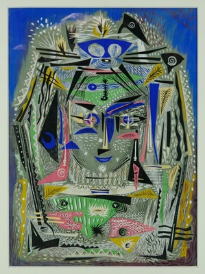 Lot 1261 - Audrey Pilkington (1922-2015) mixed media and collage, The Watcher, signed, 56cm x 41cm, in glazed frame