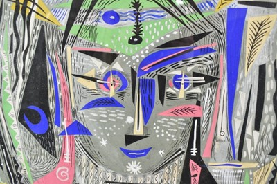 Lot 1261 - Audrey Pilkington (1922-2015) mixed media and collage, The Watcher, signed, 56cm x 41cm, in glazed frame