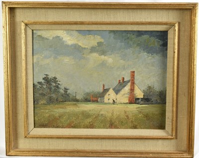Lot 1142 - Major General Cosmo Nevill (1907-2002) oil on canvas board - Suffolk Cottage, signed and dated '77, 31cm x 41cm, in gilt frame