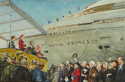 Lot 1262 - *Richard Stone oil on canvas, H.R.H. Princess Diana launching 
The Royal Princess for P & O, Southampton 1984
