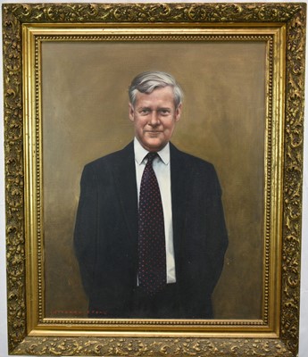 Lot 1266 - *Richard Stone, oil on canvas, half length portrait of 
Professor Clive Parry of Downing College, Cambridge 
(posthumous portrait)