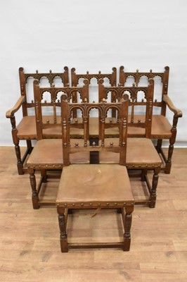 Lot 1266 - Set of six oak and leather upholstered dining chairs