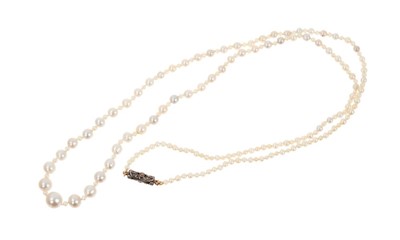 Lot 495 - Natural pearl necklace with a string of 201 graduated natural saltwalter pearls, the largest 6.6mm in width, the smallest 1.7mm in width, on a rose cut diamond barrel clasp. Accompanied by a Pearl...