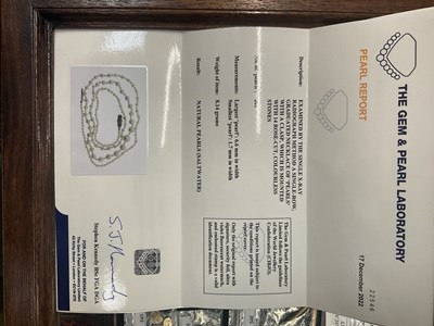 Lot 495 - Natural pearl necklace with a string of 201 graduated natural saltwalter pearls, the largest 6.6mm in width, the smallest 1.7mm in width, on a rose cut diamond barrel clasp. Accompanied by a Pearl...