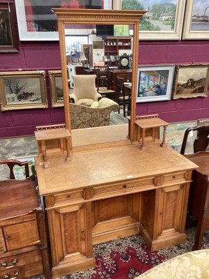 Lot 1330 - Late 19th/early 20th century birds eye maple dressing table, the shelved superstructure with central mirror, the base of three frieze drawer with cupboards below on plinth bases, 122cm wide x 60c...
