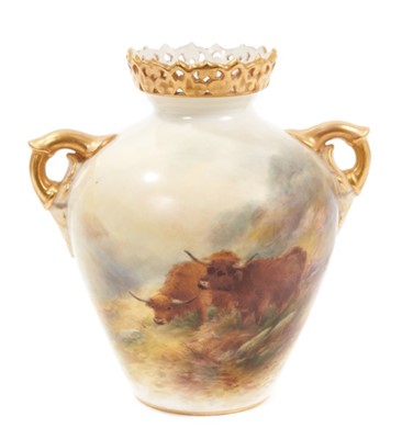 Lot 88 - A Royal Worcester vase, painted with Highland cattle by James Stinton, printed marks in green for circa 1914