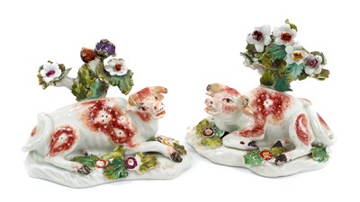 Lot 92 - A pair of Derby models of recumbent cows, circa 1765