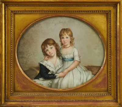 Lot 1184 - Anna Tonelli (c.1763-1846) pastel portrait of two children, George Augustus William & Marianne Curzon, titled verso and dated 1794, oval 24cm x 30cm, in period gilt frame