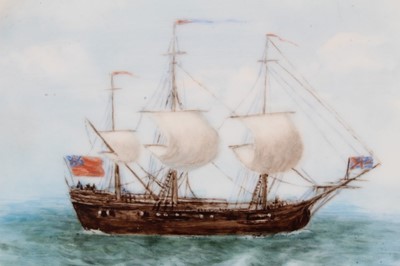 Lot 96 - A Minton plate, painted by Lillian Gary Taylor with ‘Letter-of-Marque Ship ‘Bethel’ of Boston