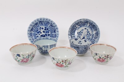 Lot 113 - Two Chinese blue and white saucers, Kangxi, and various 18th century Chinese tea bowls