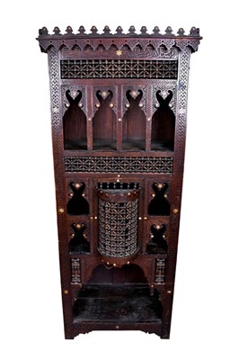 Lot 1346 - 19th century Moorish carved hardwood and mother of pearl inlaid floor standing cabinet, with open shelves and all over ornate arabesque and bobbin ornament, 70cm wide x 40cm deep x 175cm high