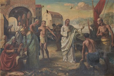 Lot 1277 - Effie Spring-Smith (1907-1974) oil on canvas - Follow Me, Biblical scene with Woodbridge Tide Mill beyond, signed, 1930s exhibition levels verso, 123cm x 183cm, unframed