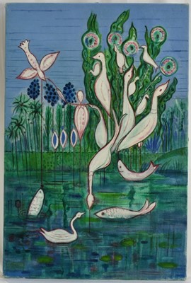 Lot 1252 - Joyce Pallot (1912-1989) oil on canvas - Fantastical Birds and Fish, signed verso, a still life verso, 76cm x 51cm, unframed