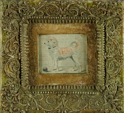 Lot 1027 - Early 19th century, circa 1820s, watercolour of a dog with a ball, 9cm x 11.5cm, in good deep carved and papier mâché frame, 27cm x 29cm overall