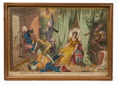 Lot 809 - James Gillray, handcoloured etching - Britannia between Death and the Doctors - "Death may decide when Doctors' Disagree", published H Humphrey, May 20th 1804