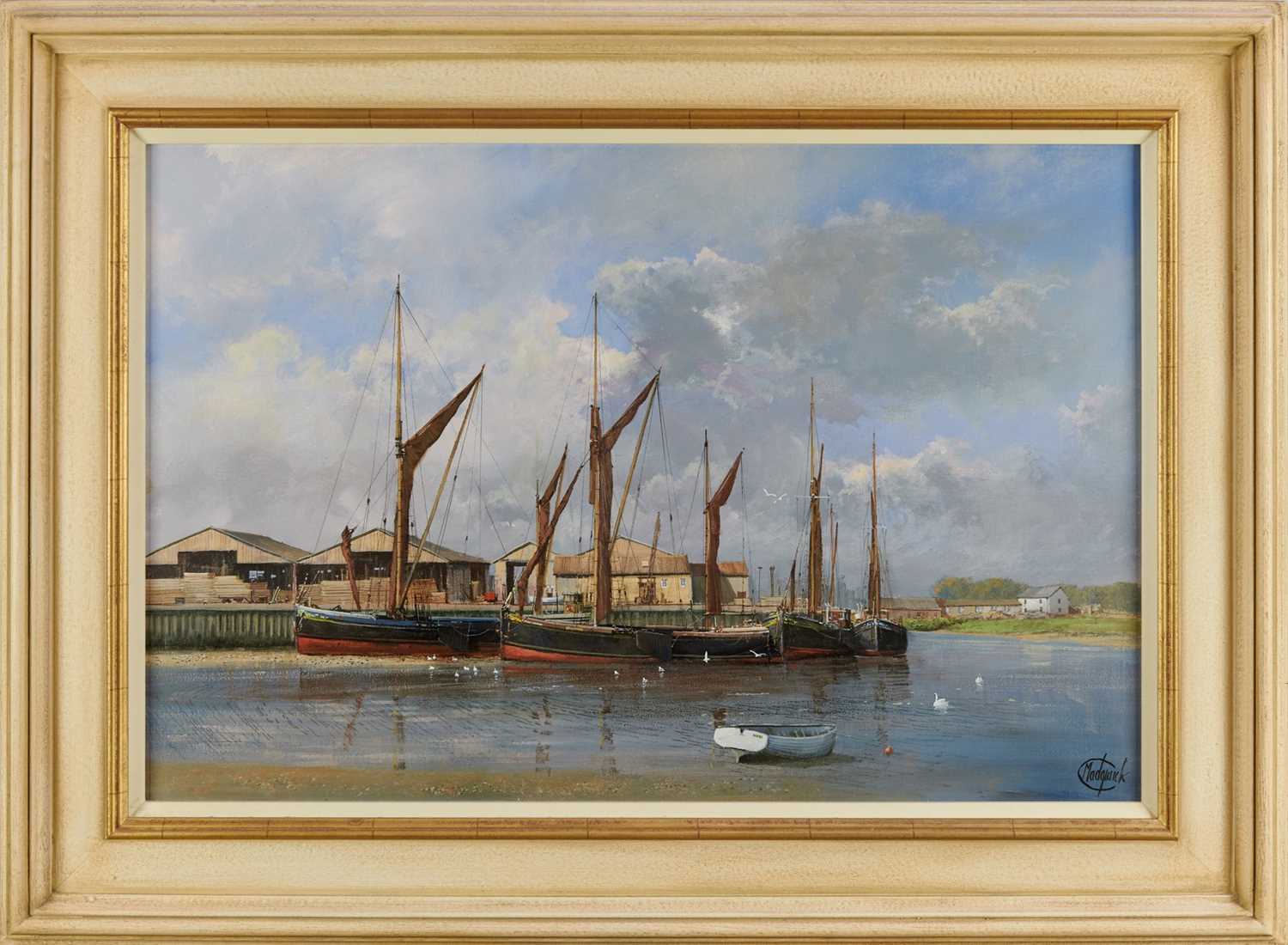 Lot 1274 - *Clive Madgwick (1939-2005) oil on canvas - Barges at The Hythe, Colchester, signed, dated 2001 verso, framed
