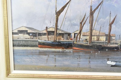 Lot 1274 - *Clive Madgwick (1939-2005) oil on canvas - Barges at The Hythe, Colchester, signed, dated 2001 verso, framed