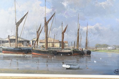 Lot 1274 - *Clive Madgwick (1939-2005) oil on canvas - Barges at The Hythe, Colchester, signed, dated 2001 verso, framed
