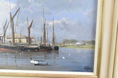 Lot 1274 - *Clive Madgwick (1939-2005) oil on canvas - Barges at The Hythe, Colchester, signed, dated 2001 verso, framed