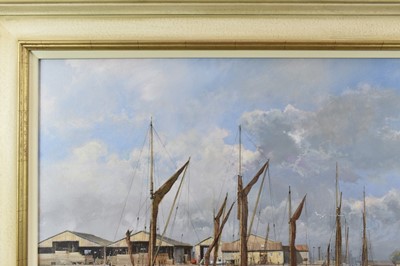 Lot 1274 - *Clive Madgwick (1939-2005) oil on canvas - Barges at The Hythe, Colchester, signed, dated 2001 verso, framed