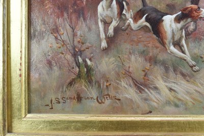 Lot 1026 - John Sanderson Wells (1872-1955), pair of oils on canvas - A Hunting Morn and The Draw, signed, 41cm x 61cm, in gilt frames