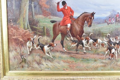 Lot 1026 - John Sanderson Wells (1872-1955), pair of oils on canvas - A Hunting Morn and The Draw, signed, 41cm x 61cm, in gilt frames