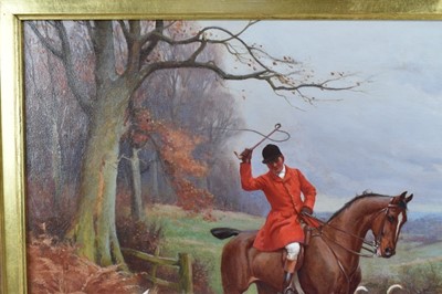 Lot 1026 - John Sanderson Wells (1872-1955), pair of oils on canvas - A Hunting Morn and The Draw, signed, 41cm x 61cm, in gilt frames