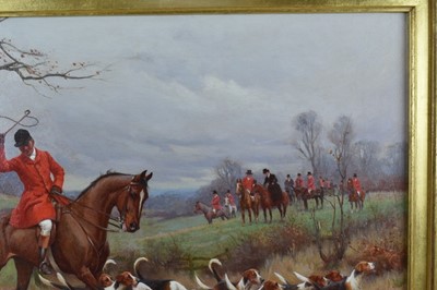 Lot 1026 - John Sanderson Wells (1872-1955), pair of oils on canvas - A Hunting Morn and The Draw, signed, 41cm x 61cm, in gilt frames