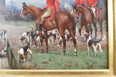Lot 1026 - John Sanderson Wells (1872-1955), pair of oils on canvas - A Hunting Morn and The Draw, signed, 41cm x 61cm, in gilt frames