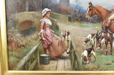 Lot 1026 - John Sanderson Wells (1872-1955), pair of oils on canvas - A Hunting Morn and The Draw, signed, 41cm x 61cm, in gilt frames