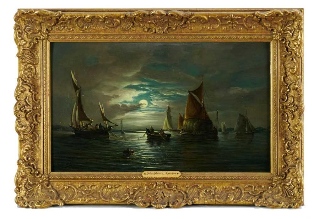 Lot 1276 - John Moore of Ipswich (1820-1902) oil on panel - Moonlit Riverscape, signed, 23cm x 38cm, in gilt frame