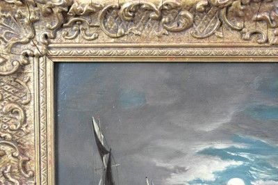 Lot 1276 - John Moore of Ipswich (1820-1902) oil on panel - Moonlit Riverscape, signed, 23cm x 38cm, in gilt frame