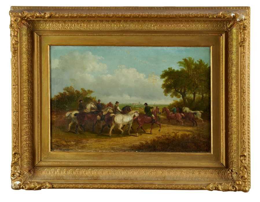 Lot 1275 - Edward Robert Smythe (1810-1899) oil on canvas - Going to the Horse Fair, signed, inscribed verso, 30cm x 45cm, in gilt frame