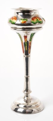 Lot 280 - Edwardian Art Nouveau silver and enamel spill vase with heart-shaped polychrome enamel panels on circular base, (Birmingham 1910), 17cm high