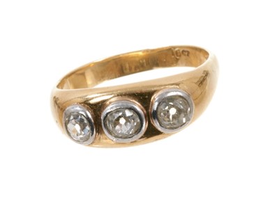 Lot 443 - Diamond three stone gypsy ring with three old cut diamonds in rub-over setting on 18ct gold shank, estimated total diamond weight approximately 0.75cts, ring size U.
