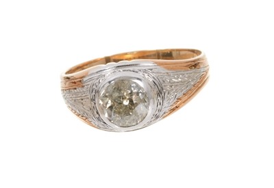 Lot 444 - Antique diamond ring with an old cut diamond estimated to weigh approximately 1.2cts in white gold rub-over setting with engraved white gold shoulders on tapered yellow gold shank, ring size P.