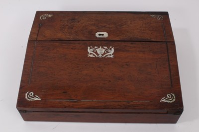 Lot 853 - Early Victorian rosewood and mother of pearl inlaid writing slope, the hinged front enclosing fitted interior and leather lined slope, 30cm wide